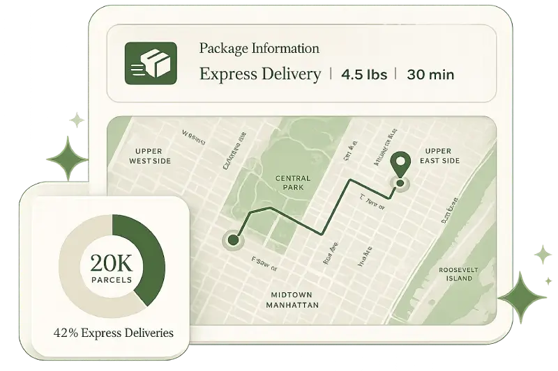 CheaperUSPS package information card showing an express delivery route and parcels chart